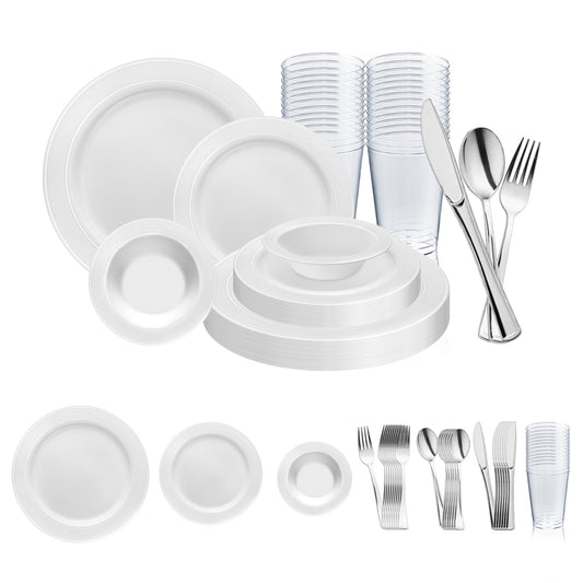 White with Silver Edge Rim Plastic Wedding Value Set with silver cutlery, offering a refined design with elegant white plates and a silver-edged rim, perfect for sophisticated events