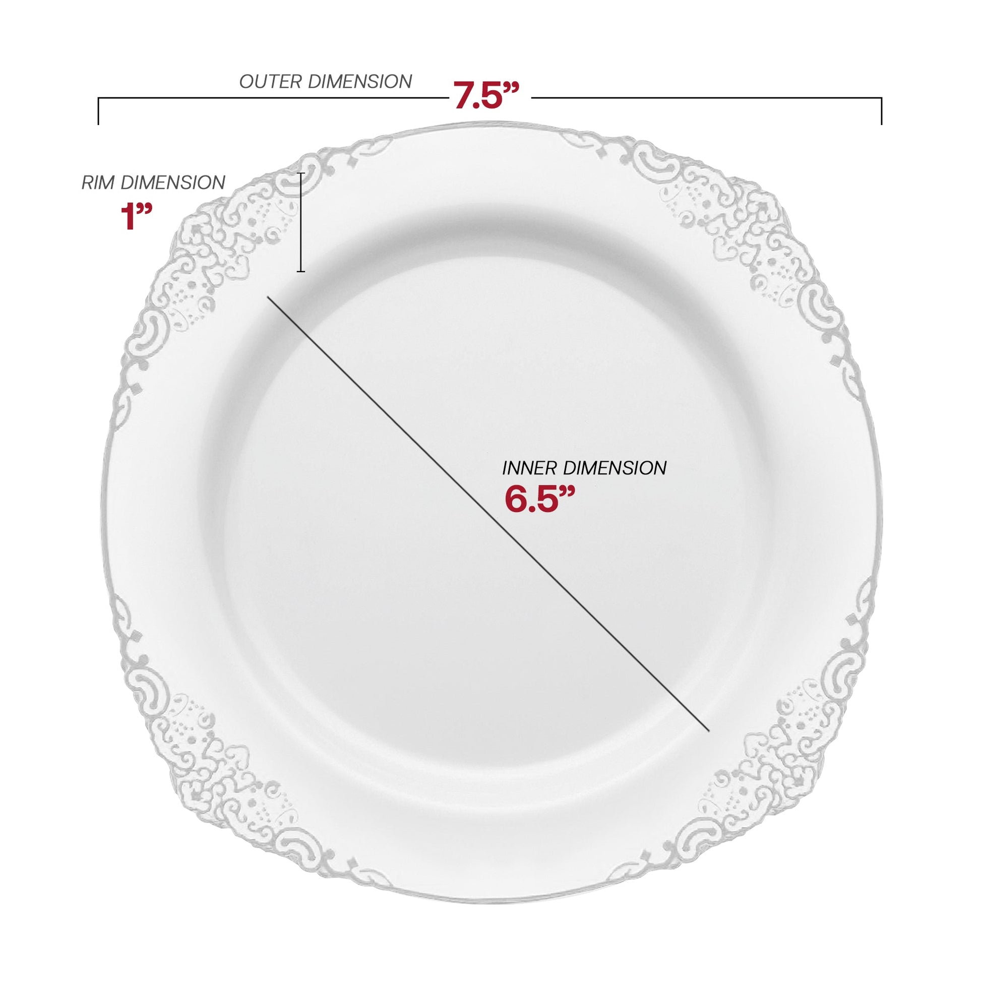 White with Silver Fancy Appetizer Plate features a 7.5-inch diameter perfect for elegant small-plate servings