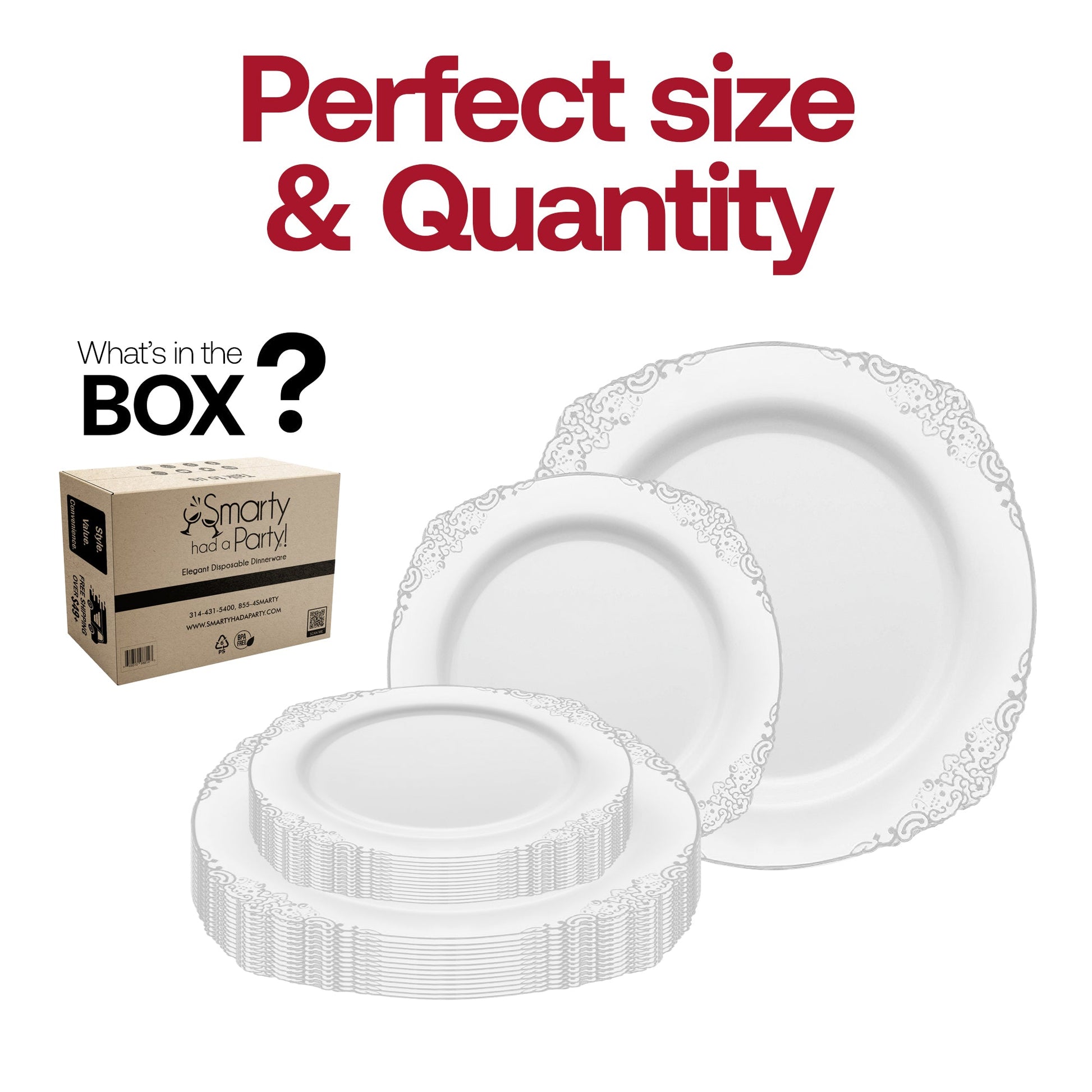 White with Silver Fancy Dinner Plate measures 10.25 inches, ideal for main courses and formal presentations