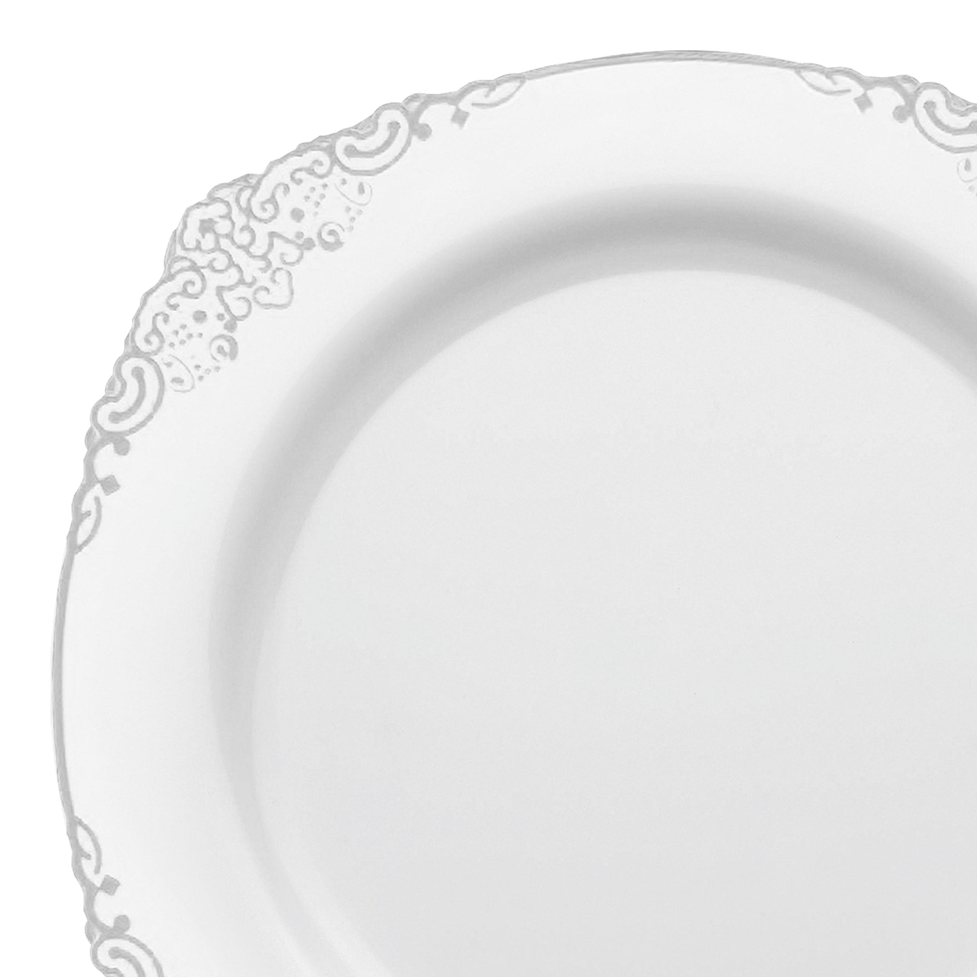 White with Silver Fancy Round Disposable Plastic Dinner Plates