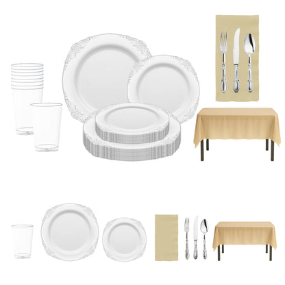 White with Silver Fancy plates and silver baroque cutlery set the scene in the Neutral Territory Baby Shower Set.