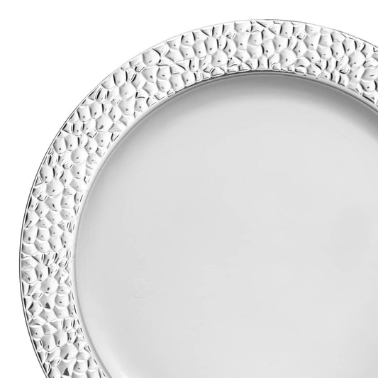 White with Silver Hammered Rim Round Plastic Dinner Plates