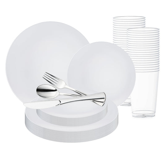 White with Silver Rim Organic Round Disposable Plastic Wedding Value Set with silver cutlery, featuring a pristine white design complemented by a sleek silver rim, ideal for crafting an elegant and polished table setting