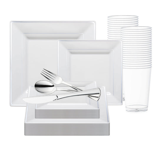 White with Silver Square Edge Rim Plastic Wedding Value Set with silver cutlery, combining sleek modern edges and classic silver tones for a stylish and elegant dining presentation