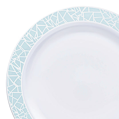 White with Turquoise Blue and Silver Mosaic Rim Round Plastic Appetizer/Salad Plates