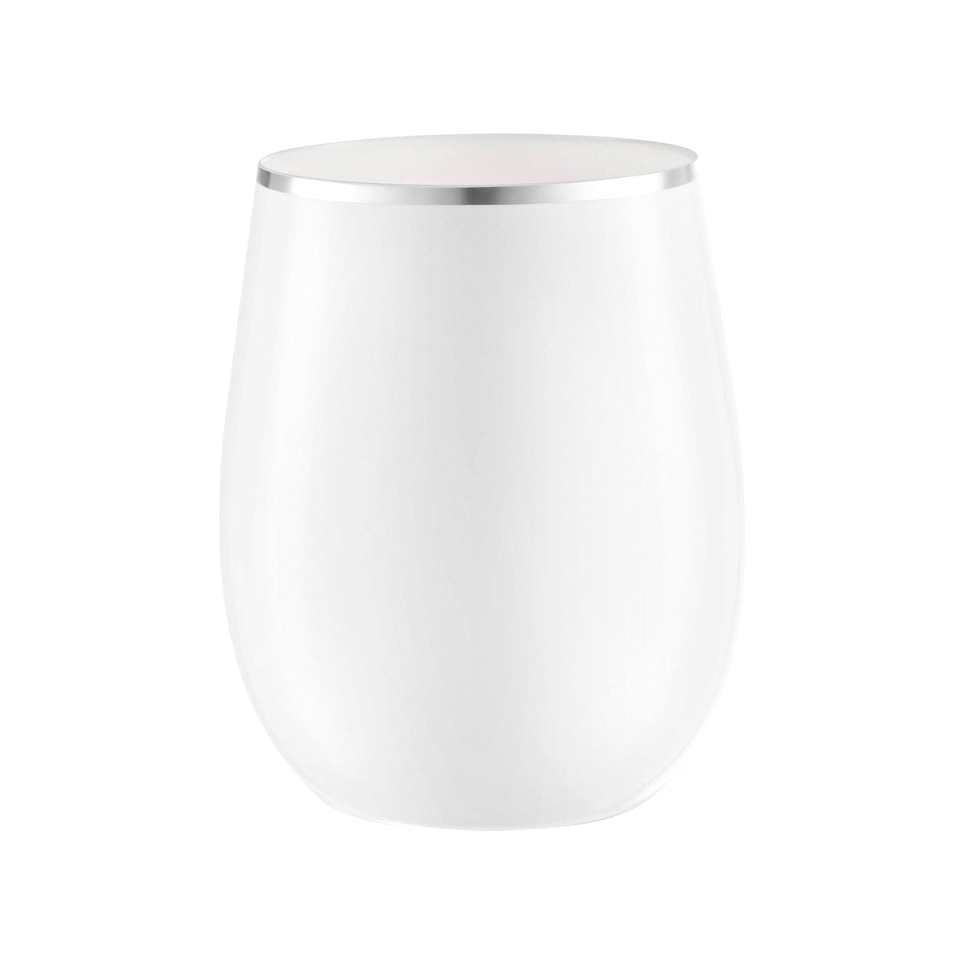 White with silver elegant stemless plastic wine glasses in a 64-pack