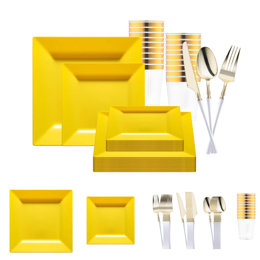 Yellow Square Disposable Plastic Tableware Set adds vibrant, modern flair to weddings, parties, and stylish celebrations