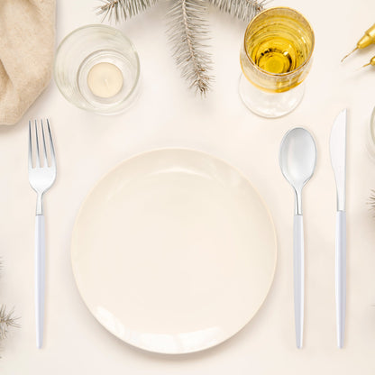 adds a stylish accent to formal and casual gatherings Silver with White Handle Moderno Disposable Plastic Dinner Forks